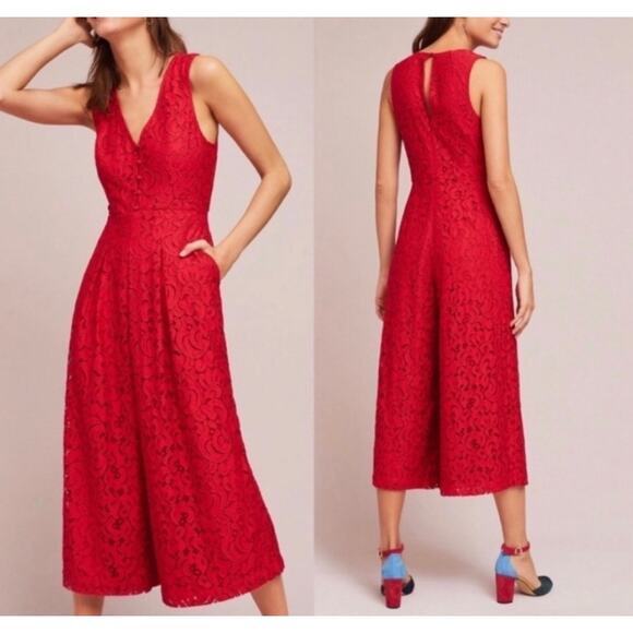 Anthropologie Moulinette Soeurs Jaeda Red Lace Wide Leg Jumpsuit Size 2 Holiday - Picture 1 of 14